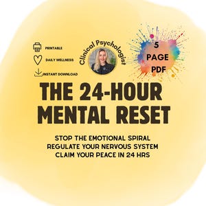 May include: A digital download graphic with the text "THE 24-HOUR MENTAL RESET" in bold, dark letters. The image includes the words "PRINTABLE" and "INSTANT DOWNLOAD". A colorful splash design and a photo of a clinical psychologist are also included.