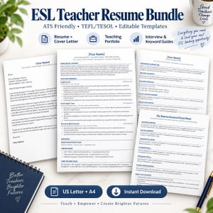 May include: An ESL Teacher Resume Bundle featuring editable templates for a resume, cover letter, teaching portfolio, and keyword guides. The documents include text fields for professional summaries, teaching experience, and education, with a dark blue theme.