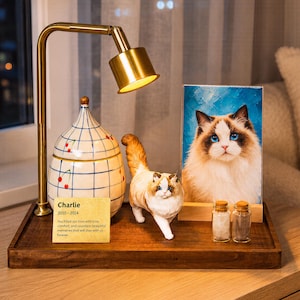 Lighted Custom Cat Urn Set, Hand Painted Ceramic Ashes Keepsake, Personalized Pet Memorial Display