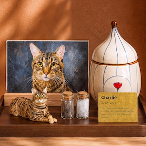 Cat Hand Painted Ceramic Pet Memorial Urn Set, Figurine and Portrait, Rainbow Bridge Keepsake