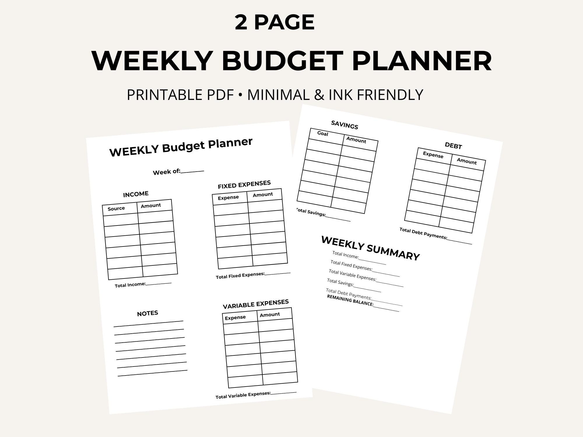 Weekly Budget Planner Printable | 2 Page Budget Sheet | Income Expense ...