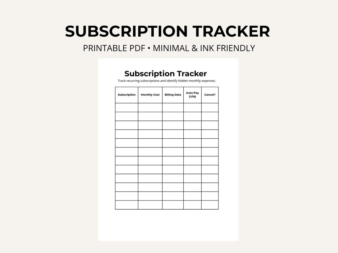 Subscription Tracker Printable | Monthly Subscription Log | Recurring ...