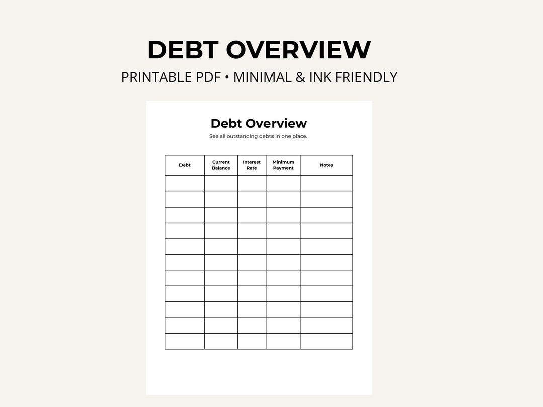 Debt Overview Printable | Debt Summary Worksheet | Debt Balance Tracker ...