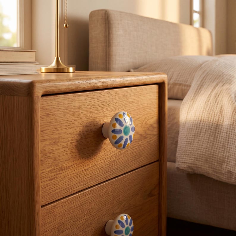 May include: A light oak wood nightstand featuring two drawers, each equipped with a round ceramic knob. The knobs are white with a hand-painted floral pattern consisting of blue petals, yellow dots, and a central teal circle, providing a decorative accent.