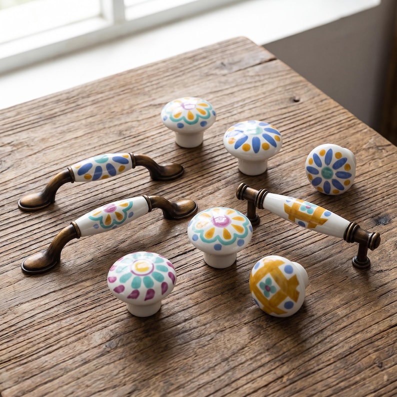 May include: A collection of ceramic cabinet hardware including two arched handles with antique brass finish and five round knobs. The white ceramic pieces feature hand-painted floral and geometric patterns in blue, yellow, teal, and purple colors.