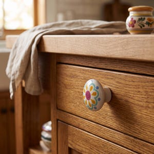 May include: A round ceramic cabinet knob featuring a hand-painted floral pattern with a magenta center, yellow petals, and light blue accents. The knob is mounted on a wooden drawer front with a visible grain, accompanied by a beige linen cloth.