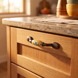 May include: A cabinet drawer pull featuring a central yellow ceramic barrel with a painted blue and green floral pattern, flanked by dark bronze-toned metal ends, mounted horizontally on a light-colored oak wood drawer front.