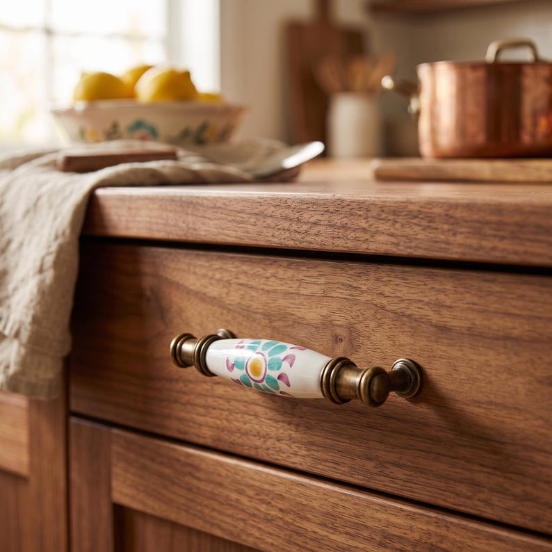 May include: A drawer pull featuring a white ceramic center with a painted teal and yellow floral pattern, flanked by antique brass metal hardware. The handle is mounted horizontally on a dark wood drawer front, showcasing a smooth finish.