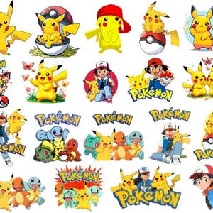 May include: A collection of colorful Pikachu character designs from the Pokémon franchise. The images feature Pikachu in various poses, with some designs including other Pokémon characters and the Pokémon logo. The color palette is primarily yellow, red, and blue.