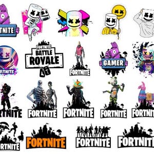 May include: A collection of colorful Fortnite-themed stickers. The stickers feature characters like Marshmello, llamas, and various game-related graphics. Each sticker has the word "Fortnite" in bold text. The stickers are on a white background.