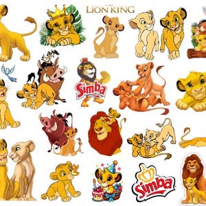 May include: A collection of cartoon images featuring characters from "The Lion King." The images include Simba, Nala, Timon, Pumbaa, and other characters in various poses and scenes. The color palette is primarily yellow, orange, and brown.