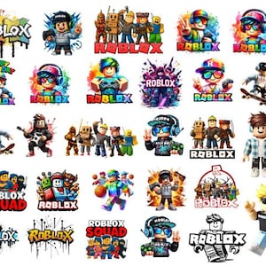 Puede incluir: Una colección de gráficos coloridos con temática de Roblox. Las imágenes presentan personajes, logotipos y elementos de texto, incluyendo la palabra "ROBLOX" en varios estilos. Algunos diseños incorporan colores vibrantes y poses de acción, adecuados para merchandising.