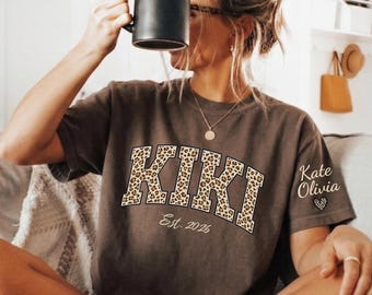 Comfort Colors® Custom Leopard Kiki Shirt With Kid Name On Sleeve, Personalized Kiki Shirt Gift For Kiki, Mothers Day Gift