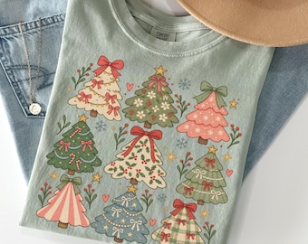 Boho Whimsical Christmas Trees T-Shirt, Comfort Colors® Holiday Tree Graphic Tee, Preppy Christmas Shirt, Women's Holiday Party Shirt