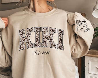 Custom Leopard Kiki Sweatshirt With Kid Name On Sleeve, Personalized Kiki Est 2026 Sweatshirt, Gift For Kiki, Mother's Day Gift