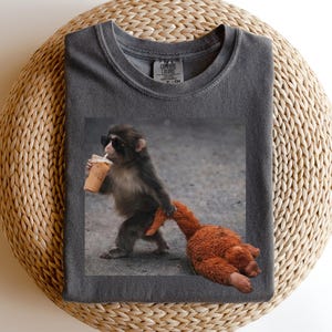 Comfort Colors® Baby Monkey Punch Drinking Iced Coffee Shirt, Animal Lover Gift, Trendy Tee