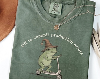 Off to Commit Production Errors Shirt, Custom Funny Wizard Frog on Scooter Tee, Comfort Colors® Programmer Humor Gift, Coding Nerd Shirt