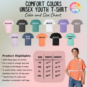 May include: A color and size chart for Comfort Colors unisex youth t-shirts. The chart displays various t-shirt colors, including Blossom, Pepper, Seafoam, White, Violet, and Gray. Product highlights and size measurements are also shown.