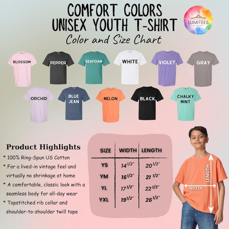 May include: A color and size chart for Comfort Colors unisex youth t-shirts. The chart displays various t-shirt colors, including Blossom, Pepper, Seafoam, White, Violet, and Gray. Product highlights and size measurements are also shown.