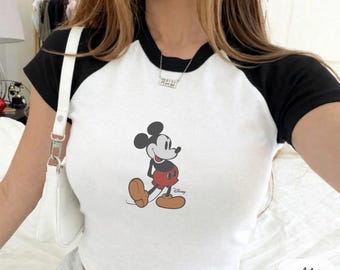 Retro Mickey Mouse Disney Raglan Baby Tee, Retro Minnie Mouse Baby Tee, Magic Kingdom Crop, Y2k 90s Style Classic Mickey Baby Tee