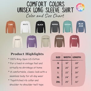 May include: A product image showcasing a variety of long-sleeve shirts in various colors, including black, white, and blue. The image includes a size chart with measurements in inches, and highlights the shirts' features, such as 100% Ring-Spun US Cotton.