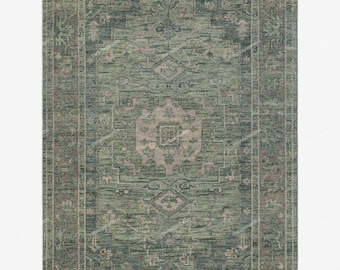 Vintage Green Area Rug | Sage Teal Persian Medallion Rug | Distressed Oriental Living Room Rug | Farmhouse Bohemian Decor