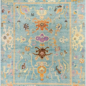 Sky Blue Oushak Turkish Knotted Rug design Vibrant Color Rug Floral Pattern Indian Artistic Made rug