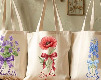 Birth Flower Tote Bag for Woman, Personalized Canvas Tote Bag for Her, Bachelorette Bridesmaid Gifts, Custom Birth Month Flower Gift for Her