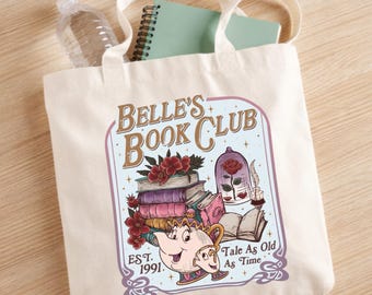 Retro Belle Book Club Tote Bag, Beauty and the Beast Tale As Old As Time Tote, Belle Princess Book Lover Gift Bag, Disney Reading Tote
