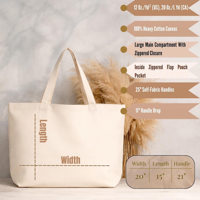 May include: A cream-colored cotton canvas tote bag with a zippered closure, an inside zippered flap pouch, and 25-inch self-fabric handles. The bag measures 20 inches in width, 15 inches in length, and has an 11-inch handle drop with 21-inch handles.