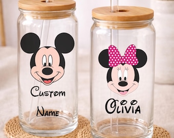 Customized Disney Mickey And Minnie Glass Tumbler, Iced Coffee Tumbler, Disney Gift for Her, 16oz Glass Cup