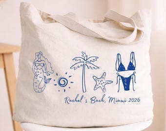 Personalized Coastal Doodle Bachelorette Tote Bag, Miami Bach Beach Bag, Custom Bride Tribe Tote, Bridesmaid Gift, Zippered Canvas Bag