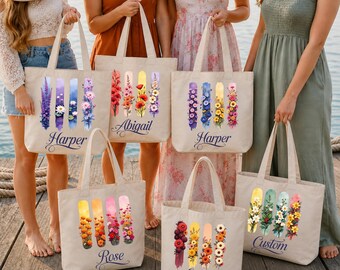 Personalized Birth Month Flower Tote Bags for Women, Cute Canvas Tote Bag with Zipper, Custom Birthday Gift for Her, Bride Bridesmaid Tote