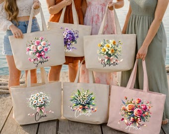 Personalized Birth Month Flower Tote Bags for Women, Cute Canvas Tote Bag with Zipper, Custom Birthday Gift for Her, Bride Bridesmaid Tote