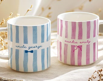 Custom Name Auntie and Uncle Mug, Baby Announcement Gifts, Stripe Coffee Cup, Personalized Pregnancy Reveal, New Aunt and Uncle Gift Idea