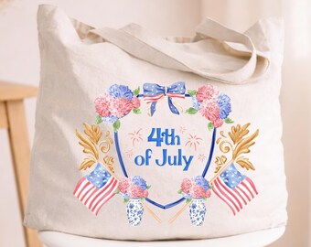 4th of July Tote Bag, Patriotic Tote Bag, Independence Day Gift, American Flag Floral Tote, USA Summer Market Bag, Fourth of July Tote