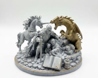 Guardian of Innocence | Dragon, Knight & Unicorn Statue | Symbolic Protection Art | Fantasy Decor
