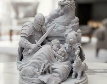 Guardian Knight Protecting Child Sculpture – Dragon Protector, Fantasy Art, Marble Slate Finish