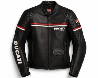 Men's Ducati Corse Leather Motorcycle Jacket, Black Red White Stripes