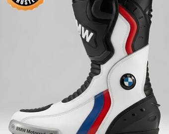 BMW Motorrad motorcycle boots feature a distinct white, black, red, and blue racing boots