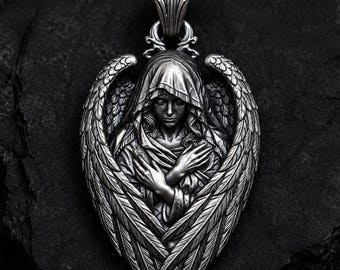 Collar de ángel de plata de ley, dije de ala de ángel gótico / colgante de ángel guardián velado / amuleto de protección sin piedra / regalo para ella
