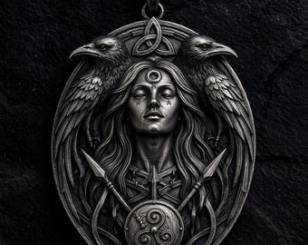 Colgante Morrigan de plata de ley, collar de la diosa cuervo / Joyería de mitología celta / Medallón de mujer guerrera gótica / Regalo para mujer