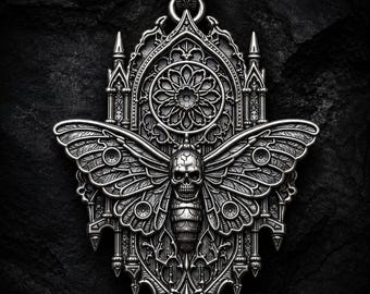 Colgante de plata de ley con forma de cabeza de muerte y polilla, collar gótico con relieve de polilla / joyería de polilla con calavera / regalo gótico con piedra