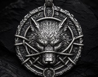 Collar de plata de ley con el lobo Fenrir, dije nórdico de lobo / joyería con runas vikingas / joyería con símbolos nórdicos / regalo mitológico para él.