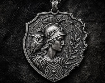 Collar con colgante de escudo de búho de Atenea en plata de ley, dije de diosa griega / joyería de la antigua Grecia / regalo mitológico para ella / colgante de escudo de Atenea