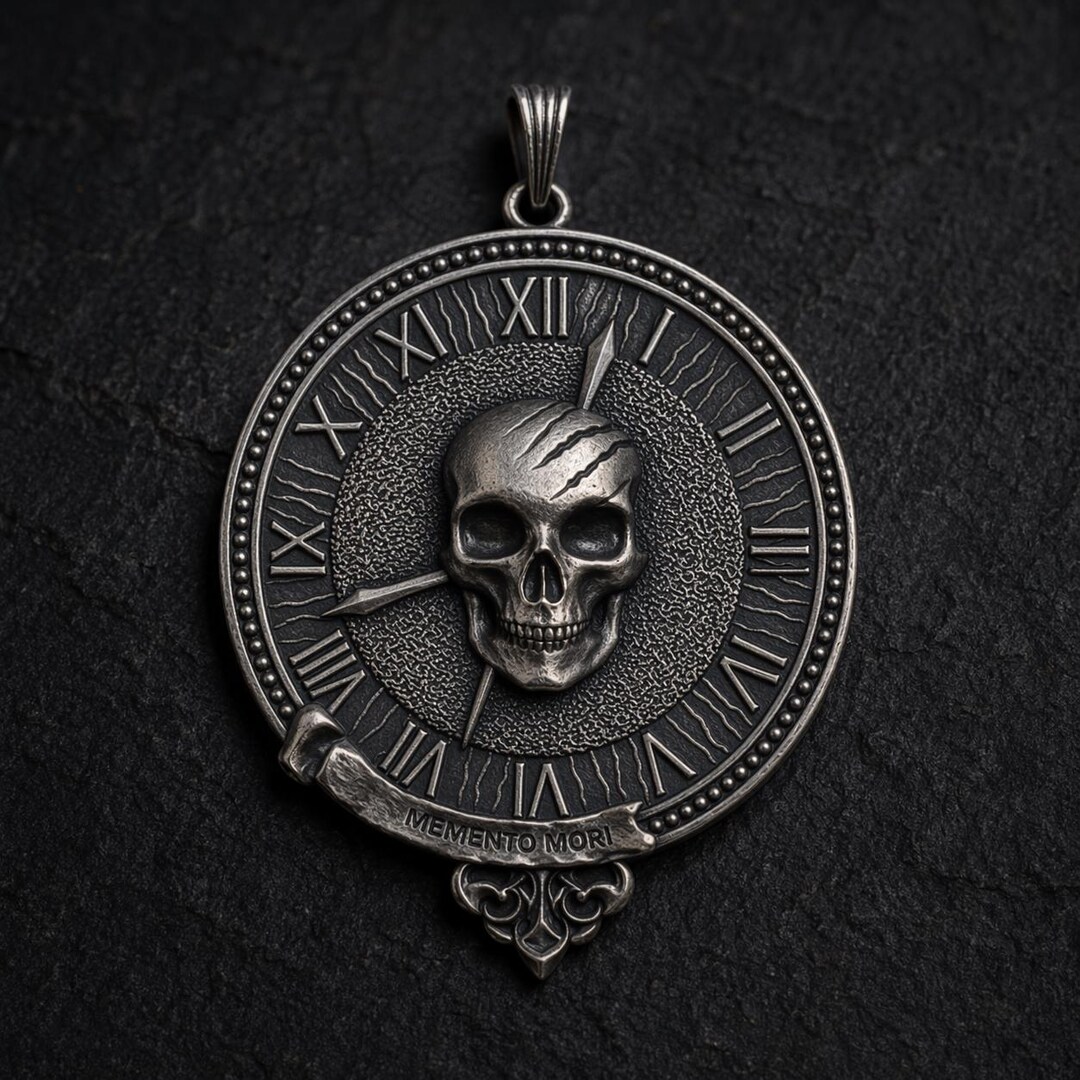 Sterling Silver Memento Mori Necklace, Gothic Skull Roman Clock Pendant ...