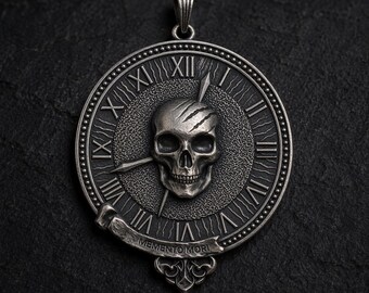Collar Memento Mori de plata de ley, colgante gótico con calavera y reloj romano / Collar gótico para hombre / Joyería Memento Vivere