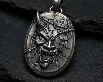 Collar con máscara Oni de plata de ley, colgante de máscara japonesa, medallón gótico, joyería estilo samurái para hombres, amuleto de fantasía oscura para hombres