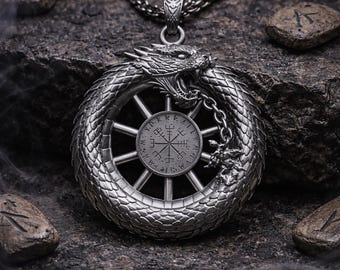 Colgante Ouroboros vikingo de plata de ley, collar con dije de dragón nórdico / medallón de brújula rúnica / joyería de mitología nórdica / regalo para él