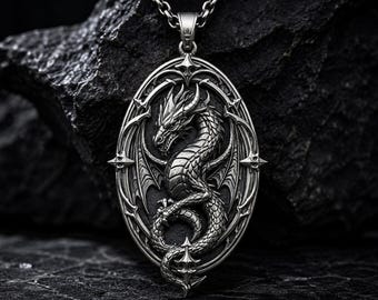 Collar con colgante de dragón guardián de plata de ley, dije de dragón gótico / joyería de fantasía medieval / regalo para hombres / joyería de fantasía oscura